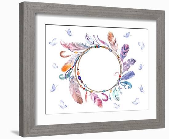 Watercolor Colorful Feathers Frame with Butterflies. Hand Drawn Boho Print for Wedding Card, Invita-Naticka-Framed Art Print