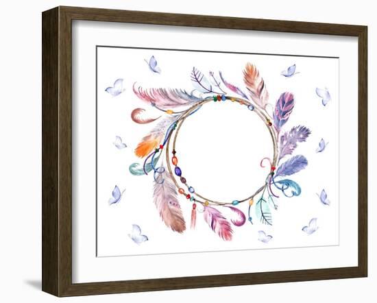 Watercolor Colorful Feathers Frame with Butterflies. Hand Drawn Boho Print for Wedding Card, Invita-Naticka-Framed Art Print