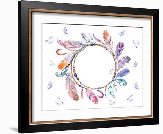 Watercolor Colorful Feathers Frame with Butterflies. Hand Drawn Boho Print for Wedding Card, Invita-Naticka-Framed Art Print