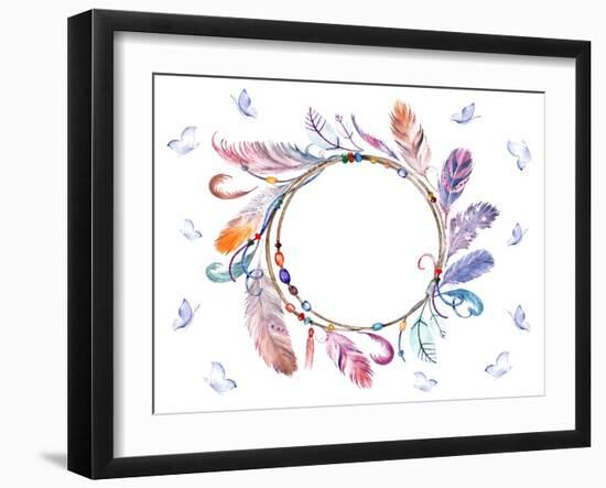 Watercolor Colorful Feathers Frame with Butterflies. Hand Drawn Boho Print for Wedding Card, Invita-Naticka-Framed Art Print