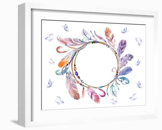 Watercolor Colorful Feathers Frame with Butterflies. Hand Drawn Boho Print for Wedding Card, Invita-Naticka-Framed Art Print