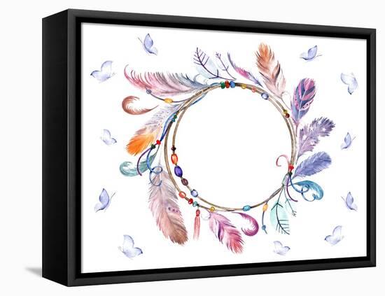 Watercolor Colorful Feathers Frame with Butterflies. Hand Drawn Boho Print for Wedding Card, Invita-Naticka-Framed Stretched Canvas