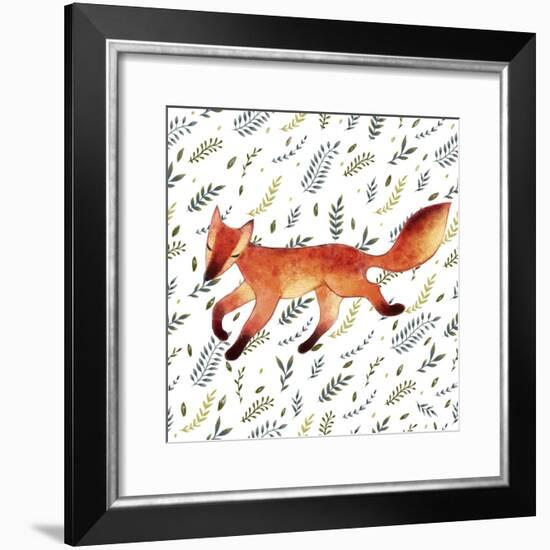 Watercolor Cute Running Fox with Green Leaves. Hand Drawn Illustration. Seamless Pattern-Maria Sem-Framed Premium Giclee Print
