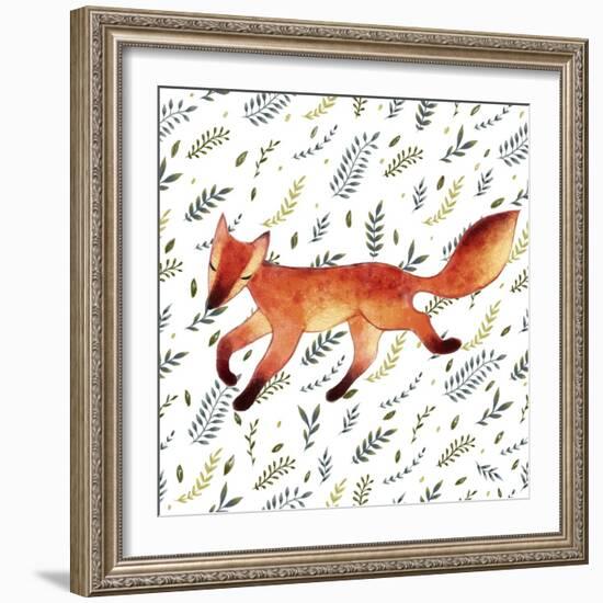 Watercolor Cute Running Fox with Green Leaves. Hand Drawn Illustration. Seamless Pattern-Maria Sem-Framed Art Print