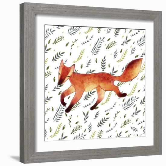 Watercolor Cute Running Fox with Green Leaves. Hand Drawn Illustration. Seamless Pattern-Maria Sem-Framed Art Print