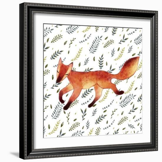 Watercolor Cute Running Fox with Green Leaves. Hand Drawn Illustration. Seamless Pattern-Maria Sem-Framed Art Print