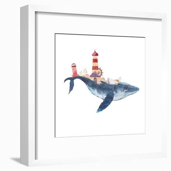 Watercolor Fantasy Blue Sea Whale with Lighthouse-Eisfrei-Framed Art Print