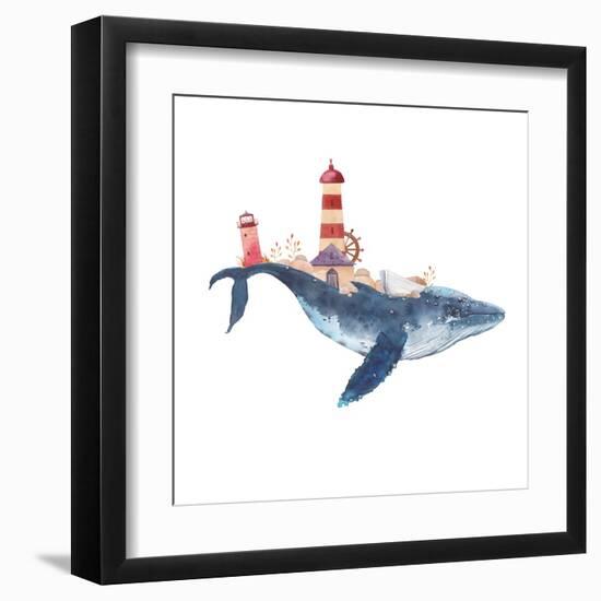Watercolor Fantasy Blue Sea Whale with Lighthouse-Eisfrei-Framed Art Print