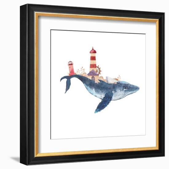 Watercolor Fantasy Blue Sea Whale with Lighthouse-Eisfrei-Framed Art Print