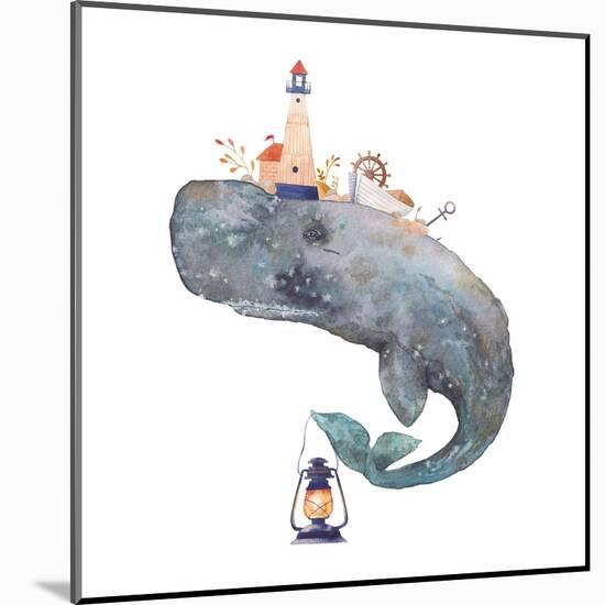 Watercolor Fantasy Blue Sea Whale with Lighthouse-Eisfrei-Mounted Art Print
