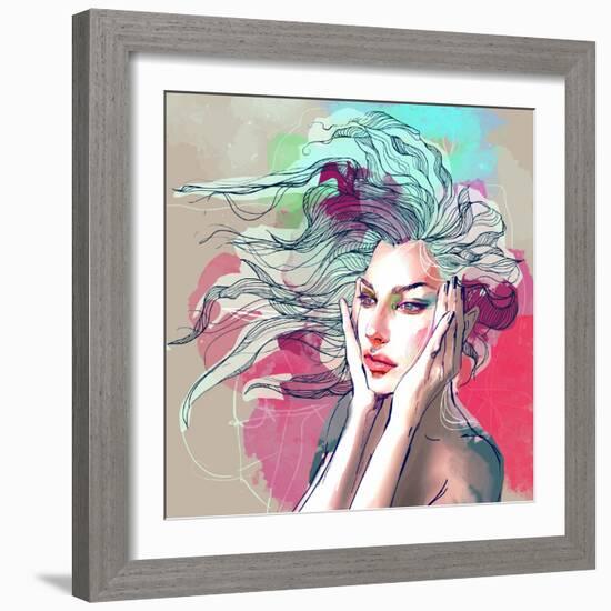 Watercolor Fashion Illustration with a Beautiful Lady with Decorative Hair-A Frants-Framed Art Print