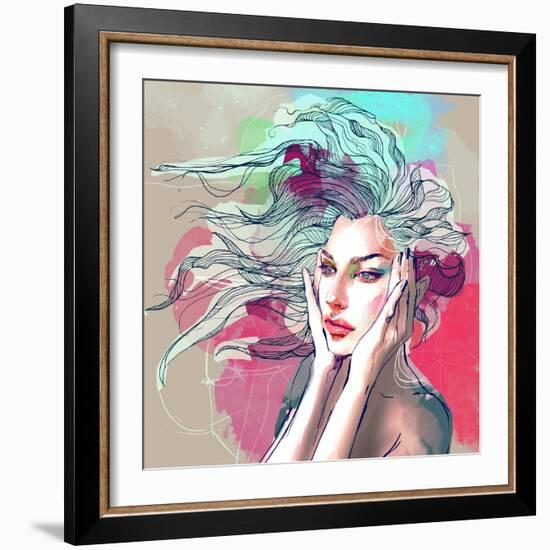 Watercolor Fashion Illustration with a Beautiful Lady with Decorative Hair-A Frants-Framed Art Print