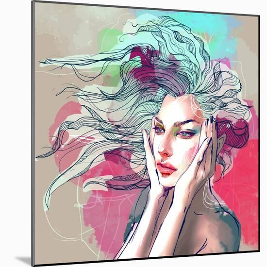 Watercolor Fashion Illustration with a Beautiful Lady with Decorative Hair-A Frants-Mounted Art Print