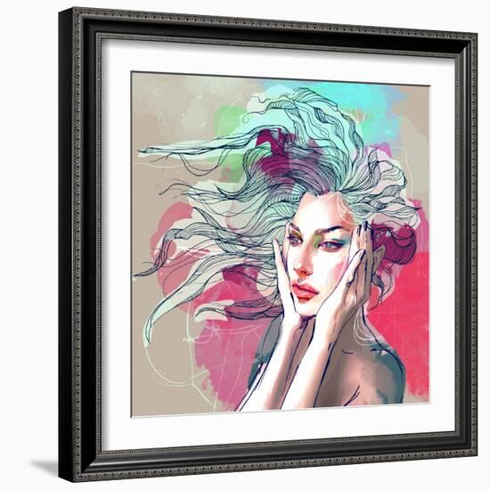 Watercolor Fashion Illustration with a Beautiful Lady with Decorative Hair-A Frants-Framed Art Print