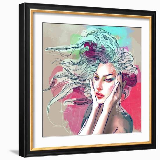 Watercolor Fashion Illustration with a Beautiful Lady with Decorative Hair-A Frants-Framed Art Print