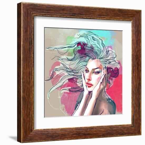 Watercolor Fashion Illustration with a Beautiful Lady with Decorative Hair-A Frants-Framed Art Print