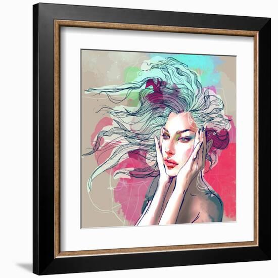 Watercolor Fashion Illustration with a Beautiful Lady with Decorative Hair-A Frants-Framed Art Print