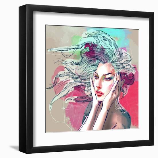 Watercolor Fashion Illustration with a Beautiful Lady with Decorative Hair-A Frants-Framed Art Print