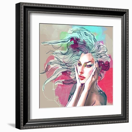 Watercolor Fashion Illustration with a Beautiful Lady with Decorative Hair-A Frants-Framed Art Print