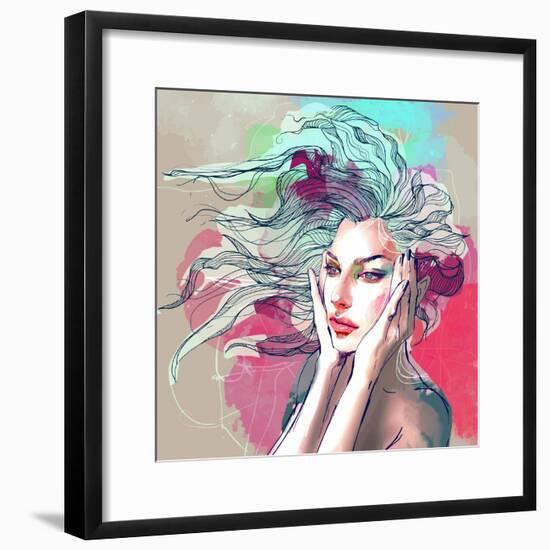 Watercolor Fashion Illustration with a Beautiful Lady with Decorative Hair-A Frants-Framed Premium Giclee Print