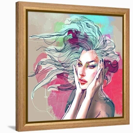 Watercolor Fashion Illustration with a Beautiful Lady with Decorative Hair-A Frants-Framed Stretched Canvas