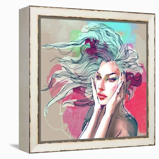 Watercolor Fashion Illustration with a Beautiful Lady with Decorative Hair-A Frants-Framed Stretched Canvas