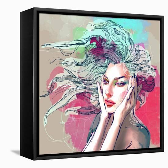 Watercolor Fashion Illustration with a Beautiful Lady with Decorative Hair-A Frants-Framed Stretched Canvas