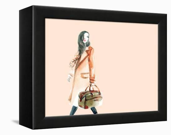 Watercolor Fashion Illustration. Woman Walking with Travel Bag in His Hand-Anna Ismagilova-Framed Stretched Canvas