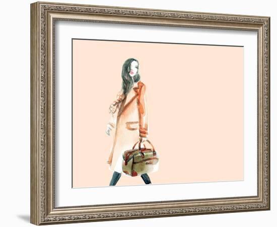 Watercolor Fashion Illustration. Woman Walking with Travel Bag in His Hand-Anna Ismagilova-Framed Art Print