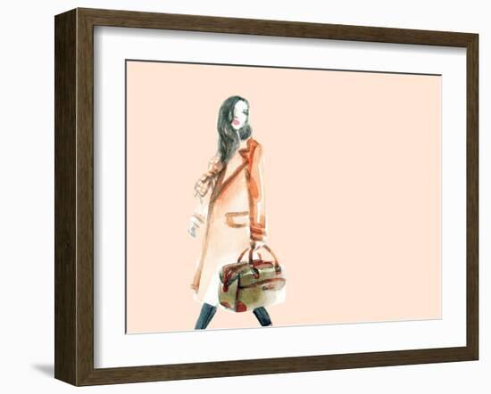 Watercolor Fashion Illustration. Woman Walking with Travel Bag in His Hand-Anna Ismagilova-Framed Art Print