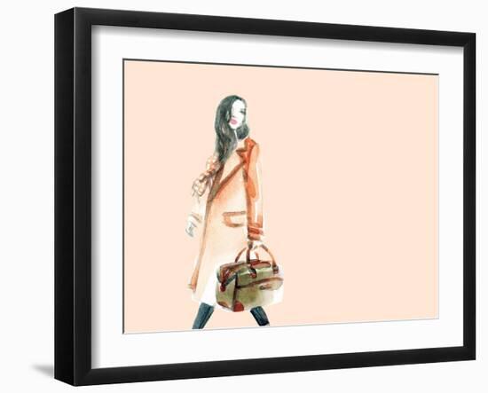 Watercolor Fashion Illustration. Woman Walking with Travel Bag in His Hand-Anna Ismagilova-Framed Art Print