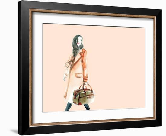 Watercolor Fashion Illustration. Woman Walking with Travel Bag in His Hand-Anna Ismagilova-Framed Art Print