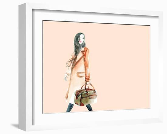 Watercolor Fashion Illustration. Woman Walking with Travel Bag in His Hand-Anna Ismagilova-Framed Art Print