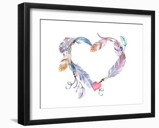 Watercolor Feathers Frame. Hand Drawn Boho Print for Wedding Card, Invitation, Poster, Wrapping, Wa-Naticka-Framed Art Print