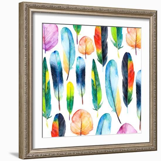 Watercolor Feathers Set. Hand Drawn Vector Illustration with Colorful Feathers-KaterinaS-Framed Art Print