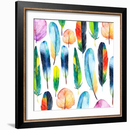 Watercolor Feathers Set. Hand Drawn Vector Illustration with Colorful Feathers-KaterinaS-Framed Art Print