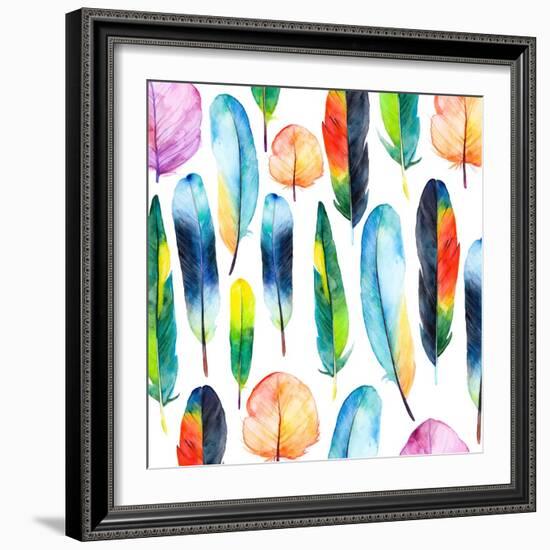 Watercolor Feathers Set. Hand Drawn Vector Illustration with Colorful Feathers-KaterinaS-Framed Art Print