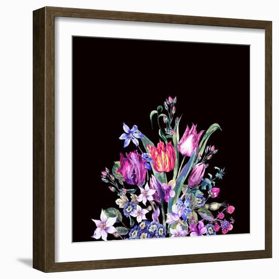 Watercolor Floral Spring Greeting Card, Vintage Flowers Bouquet, Purple Tulips, Wildflowers, Strawb-Varvara Kurakina-Framed Art Print