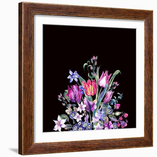 Watercolor Floral Spring Greeting Card, Vintage Flowers Bouquet, Purple Tulips, Wildflowers, Strawb-Varvara Kurakina-Framed Art Print