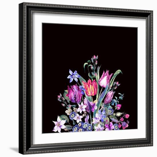 Watercolor Floral Spring Greeting Card, Vintage Flowers Bouquet, Purple Tulips, Wildflowers, Strawb-Varvara Kurakina-Framed Art Print