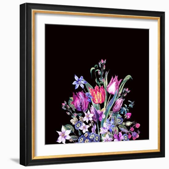 Watercolor Floral Spring Greeting Card, Vintage Flowers Bouquet, Purple Tulips, Wildflowers, Strawb-Varvara Kurakina-Framed Art Print