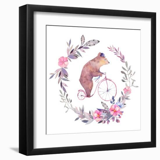 Watercolor Floral Wreath and Circus Bear on Bicycle-Eisfrei-Framed Art Print