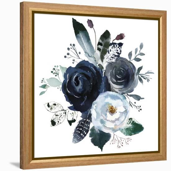 Watercolor Floral Wreath Roses Peonies Leaves Boho Grey Navy White Indigo Blue Isolated on White Ba-Yuliya Podlinnova-Framed Stretched Canvas