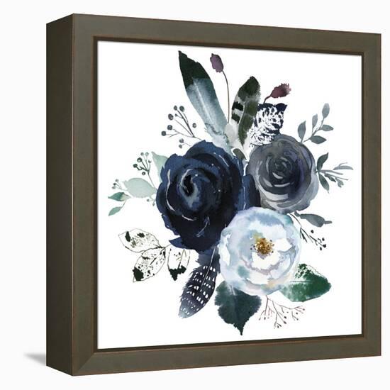 Watercolor Floral Wreath Roses Peonies Leaves Boho Grey Navy White Indigo Blue Isolated on White Ba-Yuliya Podlinnova-Framed Stretched Canvas