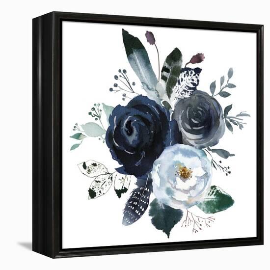 Watercolor Floral Wreath Roses Peonies Leaves Boho Grey Navy White Indigo Blue Isolated on White Ba-Yuliya Podlinnova-Framed Stretched Canvas