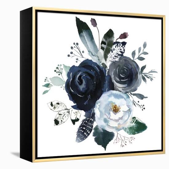 Watercolor Floral Wreath Roses Peonies Leaves Boho Grey Navy White Indigo Blue Isolated on White Ba-Yuliya Podlinnova-Framed Stretched Canvas