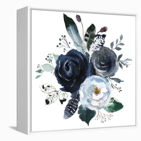 Watercolor Floral Wreath Roses Peonies Leaves Boho Grey Navy White Indigo Blue Isolated on White Ba-Yuliya Podlinnova-Framed Stretched Canvas