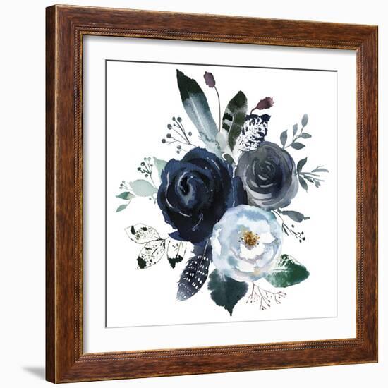 Watercolor Floral Wreath Roses Peonies Leaves Boho Grey Navy White Indigo Blue Isolated on White Ba-Yuliya Podlinnova-Framed Art Print