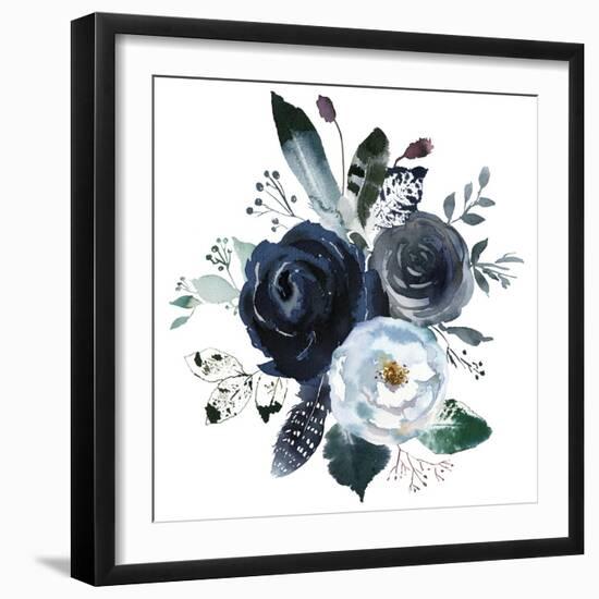 Watercolor Floral Wreath Roses Peonies Leaves Boho Grey Navy White Indigo Blue Isolated on White Ba-Yuliya Podlinnova-Framed Art Print