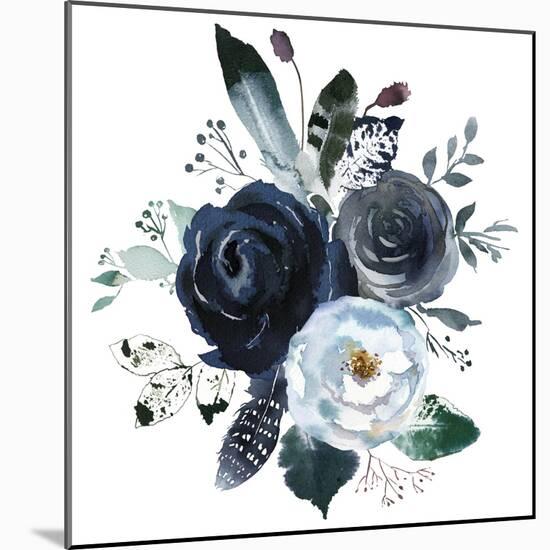 Watercolor Floral Wreath Roses Peonies Leaves Boho Grey Navy White Indigo Blue Isolated on White Ba-Yuliya Podlinnova-Mounted Art Print